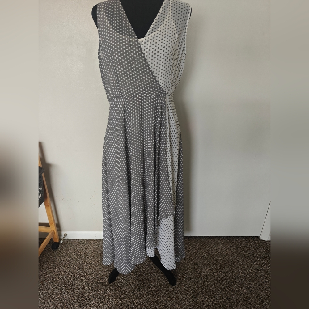 CALVIN KLEIN Size 10 Faux Wrap Hi-low Hem Polkadot Dot Chiffon Midi Dress